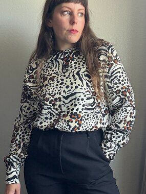 Vintage Blouse 80s Adrianna Papell Silk Mixed Animal Print Zebra Leopard Blouse